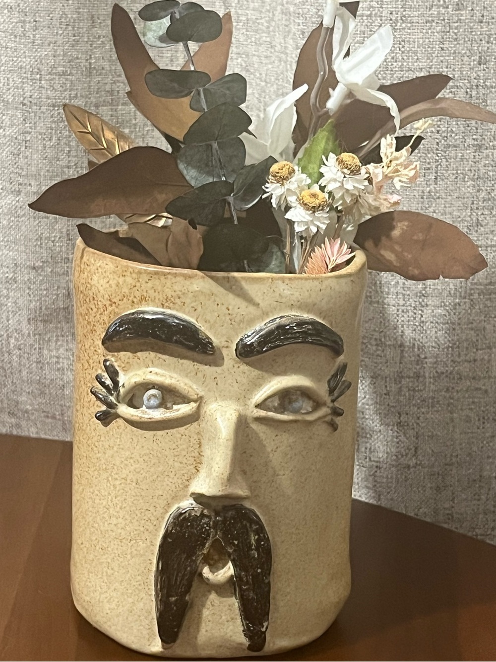 Vintage Handmade Studio Art Pottery Face Vase Mustache Ceramic Whimsical Cup
